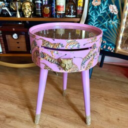 Bedside Table With Glitter Top. Light Pink Tiger Round Table. Fun Bright Home Decor . Ideal Nightstand Or Side Taller Legs - thumbnail 2