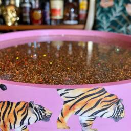 Bedside Table With Glitter Top. Light Pink Tiger Round Table. Fun Bright Home Decor . Ideal Nightstand Or Side Taller Legs - thumbnail 1