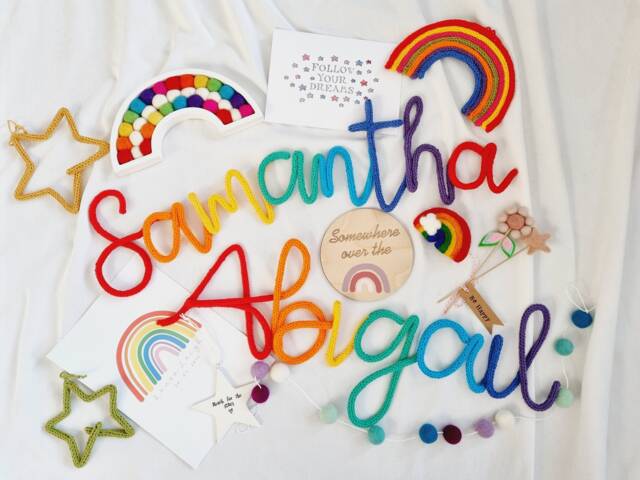 Rainbow Knitted Name Sign - Alternating Colour Word Changing Personalised L Wire Writing Wall Hanging - image 1