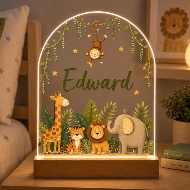 Personalised Night Light, Jungle Animals, New Baby, 1st Birthday, Christening Gift, Nursery Light - image 1