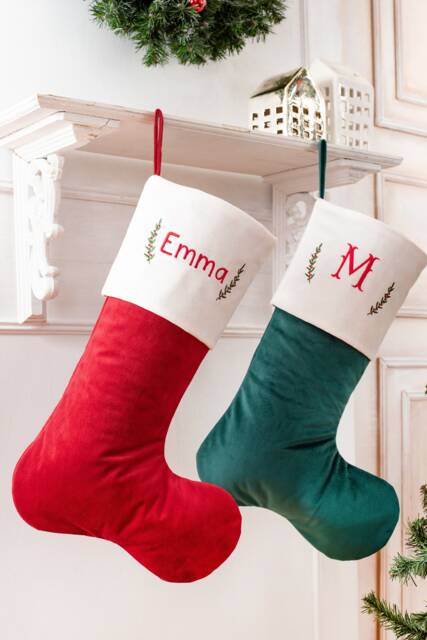 Velvet Christmas Stockings With Holly Branch Personalization, Family Christmas Stockings, Velvet - image 1