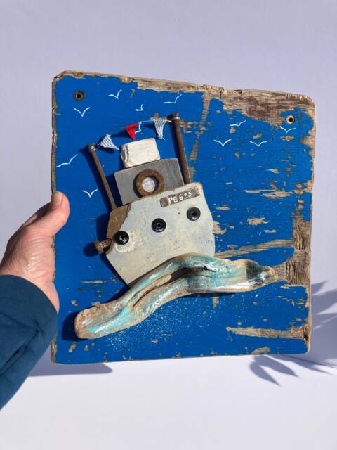 Driftwood Fishing Boat Art Nautical Coastal Decor - image 1