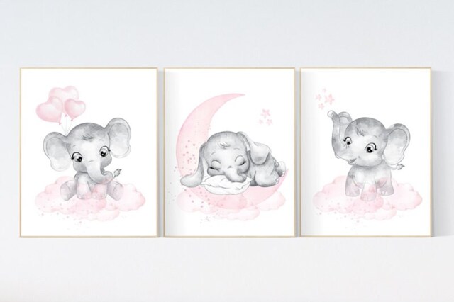 Pink Elephant Nursery Decor Baby Girl Room Wall Art Prints - image 1