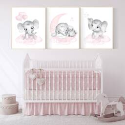 Pink Elephant Nursery Decor Baby Girl Room Wall Art Prints - thumbnail 2