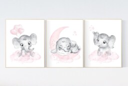 Pink Elephant Nursery Decor Baby Girl Room Wall Art Prints - thumbnail 1