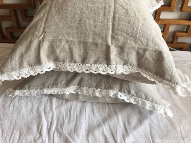Set Of 2 European Laundered Linen Euro Sham With Crochet Lace Light/Dark Beige - image 1