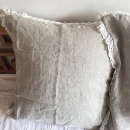 Set Of 2 European Laundered Linen Euro Sham With Crochet Lace Light/Dark Beige - thumbnail 2