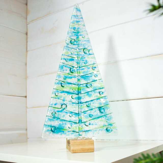 xl Fused Glass Christmas Tree Blue Green 32cm - 12 1/2 - image 1