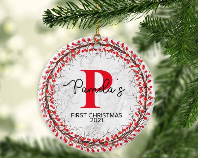 Personalised Initial Christmas Ornament Floral Wreath Bauble - image 1