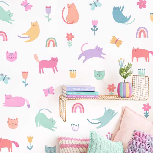 Cat Wall Decals - Girl Nursery Decor, Watercolor Flower Art, Kids Room Decals, Reusable & Removable Stickers - image 1