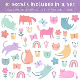 Cat Wall Decals - Girl Nursery Decor, Watercolor Flower Art, Kids Room Decals, Reusable & Removable Stickers - thumbnail 2