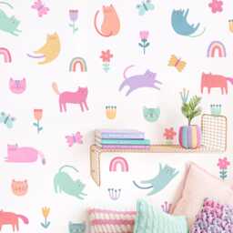 Cat Wall Decals - Girl Nursery Decor, Watercolor Flower Art, Kids Room Decals, Reusable & Removable Stickers - thumbnail 1
