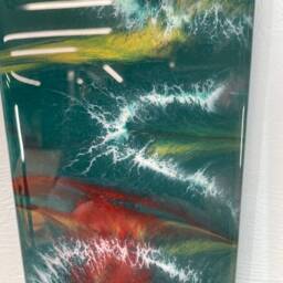 Narrow Dark Green Gold & Maroon Abstract Resin Wall Clock, Long Modern Unusual Home Decor - thumbnail 4
