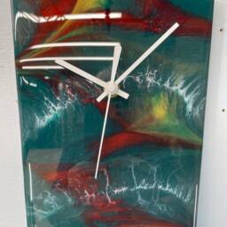 Narrow Dark Green Gold & Maroon Abstract Resin Wall Clock, Long Modern Unusual Home Decor - thumbnail 2