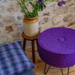 Harris Tweed Thistle Footstool With Button & Steel Hairpin Legs