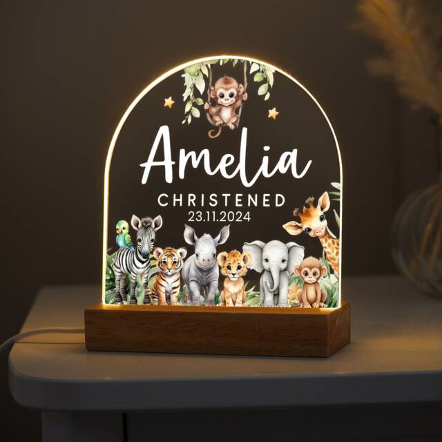 Personalised Led Christened Animal Lamp, Gifts, Safari Animals Night Light, Baptised Dedicated Nursery Table Light - image 1