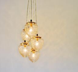 Acorn Globe Cluster Chandelier, Clustered Hanging Pendants Lighting Fixture, 5 Clear Textured Glass Globes, Brass Fittings, Free Shipping - thumbnail 1