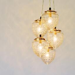 Acorn Globe Cluster Chandelier, Clustered Hanging Pendants Lighting Fixture, 5 Clear Textured Glass Globes, Brass Fittings, Free Shipping - thumbnail 3