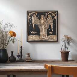 Virgo Zodiac Engraved Birch Wood Panel - Block Print Style Wall Art, Astrology Sign Illustration, Astrological Decor Gift - thumbnail 2