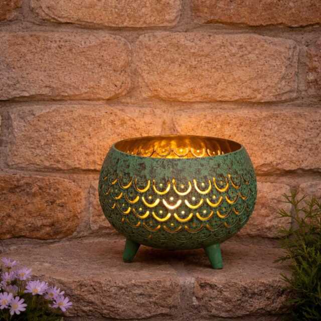 Recycled Coconut Shell Candle Holders. Cut Out Decoration & Painted. Aqua Gold Design. T-Light Holder - image 1