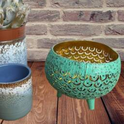 Recycled Coconut Shell Candle Holders. Cut Out Decoration & Painted. Aqua Gold Design. T-Light Holder - thumbnail 2