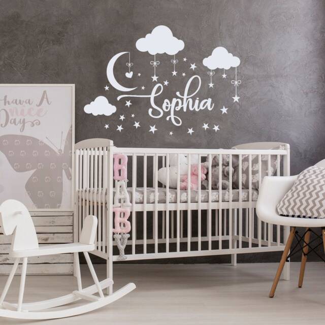 Personalized Name Wall Decal Nursery Decor Baby Clouds Decals Custom Sticker Moon Stars - image 1