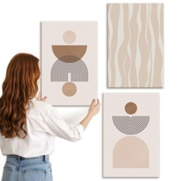 Canvas Wall Art Set Of 3 - Shapes in Shades Brown & Beige, Beige Photo Print, Abstract Decor - thumbnail 2