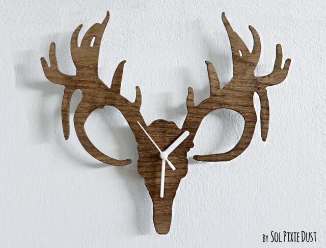 Reindeer Deer Tarandus Caribou Horn Silhouette - Wooden Wall Clock - image 1