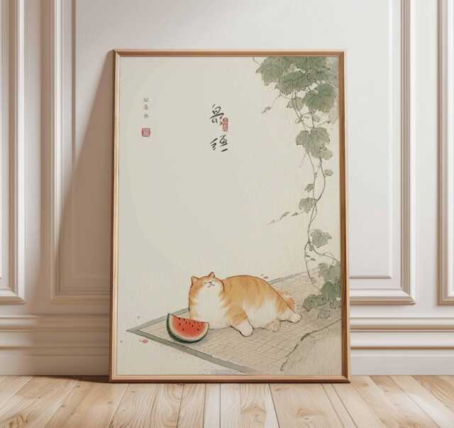 Cute Cat Watermelon Wall Art, Japanese Style Poster, Whimsical Pet Print, Minimalist Animal Artwork, Kawaii Home Decor - image 1