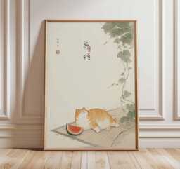Cute Cat Watermelon Wall Art, Japanese Style Poster, Whimsical Pet Print, Minimalist Animal Artwork, Kawaii Home Decor - thumbnail 1