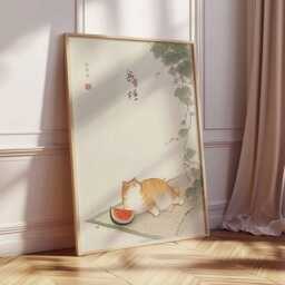 Cute Cat Watermelon Wall Art, Japanese Style Poster, Whimsical Pet Print, Minimalist Animal Artwork, Kawaii Home Decor - thumbnail 2