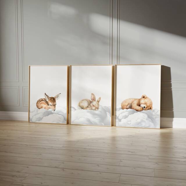 Set Of 3 Woodland Animal Nursery Wall Prints, Sleeping Animals For Babies Room, Neutral Moon & Stars Art, Starry Night Playroom - image 1