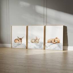 Set Of 3 Woodland Animal Nursery Wall Prints, Sleeping Animals For Babies Room, Neutral Moon & Stars Art, Starry Night Playroom - thumbnail 1