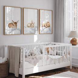 Set Of 3 Woodland Animal Nursery Wall Prints, Sleeping Animals For Babies Room, Neutral Moon & Stars Art, Starry Night Playroom - thumbnail 2