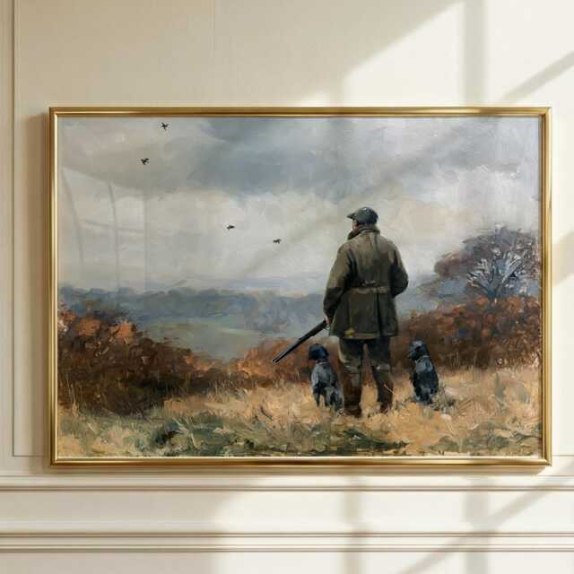 Pheasant Shooting Wall Art, Hunter With Spaniels Oil Painting, British Country Sports Print, Gundog Lodge Decor - image 1