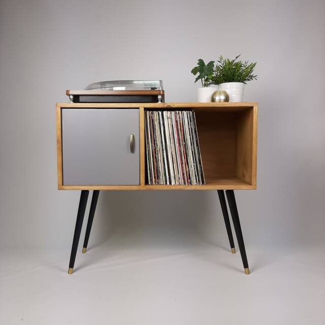 Oak Sideboard - Grey Door Vinyl Record Storage Solid Wood Black Legs Credenza - image 1