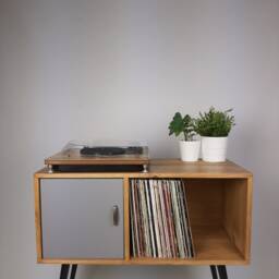 Oak Sideboard - Grey Door Vinyl Record Storage Solid Wood Black Legs Credenza - thumbnail 3