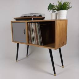 Oak Sideboard - Grey Door Vinyl Record Storage Solid Wood Black Legs Credenza - thumbnail 2