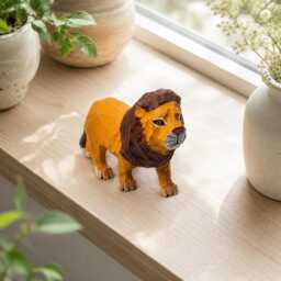 Hand-Carved Wooden Lion Figurine - Whimsical Wood Animal Sculpture Geometric Desk Decor Safari Lover Gift Idea - thumbnail 4