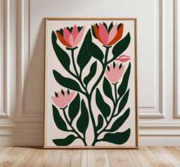 Scandinavian Floral Wall Art, Modern Tulip Poster Print, Folk Botanical Decor, Pink Flower Unframed Plant Minimal Art - thumbnail 1