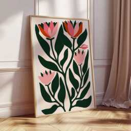 Scandinavian Floral Wall Art, Modern Tulip Poster Print, Folk Botanical Decor, Pink Flower Unframed Plant Minimal Art - thumbnail 3