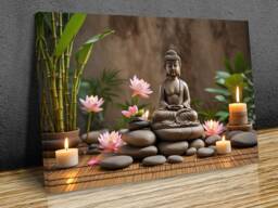 Buddha Sculpture Zen Stones Waterfall Bamboo Interior , Wall Art, Hangings, Home D??cor, Mounted Canvas Print