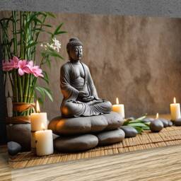 Buddha Sculpture Zen Stones Waterfall Bamboo Interior , Wall Art, Hangings, Home D??cor, Mounted Canvas Print - thumbnail 3