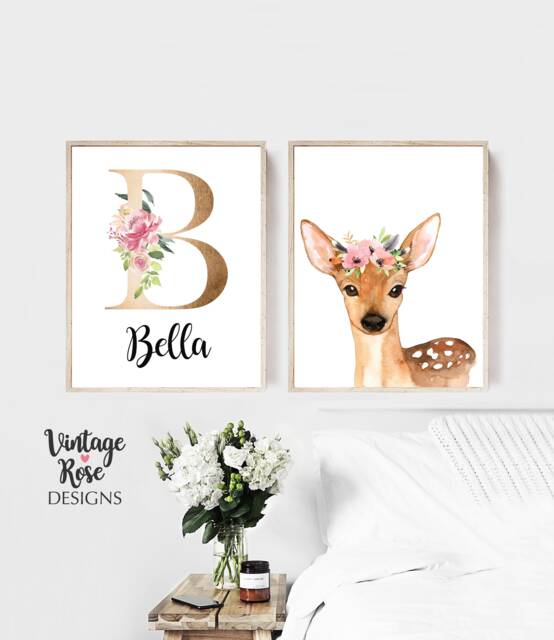 Digital Nursery Printable, Initial Personalised Print Set, Woodland Decor, Wall Art, Girls Bedroom, Watercolour Animals - image 1