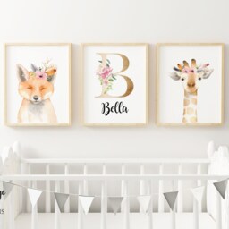 Digital Nursery Printable, Initial Personalised Print Set, Woodland Decor, Wall Art, Girls Bedroom, Watercolour Animals - thumbnail 2
