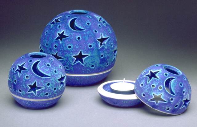 stars Moon Lantern, Blue Purple Candileria???, Celestial Luminary, Handmade Ceramic Candle Holder Made To Order - image 1