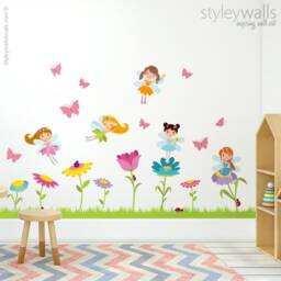 Fairies Wall Decal , Fairy Decal, Flowers Garden Butterflies Ladybugs Girls Nursery Room Decor Art - thumbnail 1