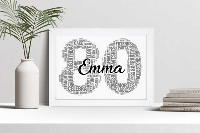 80Th Word Art Personalised Print, Eighty Years Old Custom Wall Framed Picture Birthday Gift, For Him, Her, Men & Women - A5, A4, A3 - image 1
