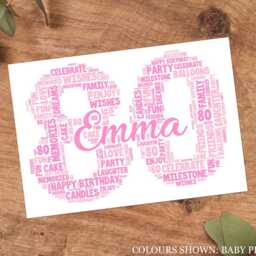 80Th Word Art Personalised Print, Eighty Years Old Custom Wall Framed Picture Birthday Gift, For Him, Her, Men & Women - A5, A4, A3 - thumbnail 3
