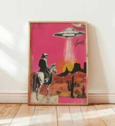 Cowboy Wall Art, Pop Art Style Poster, Western Desert Print, Pink Modern Artwork, Retro Americana Decor, Surreal Contemporary - thumbnail 1